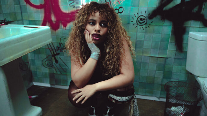 Woman with curly hair sits in a graffiti-covered bathroom, resting her chin on her hand and looking at the camera.