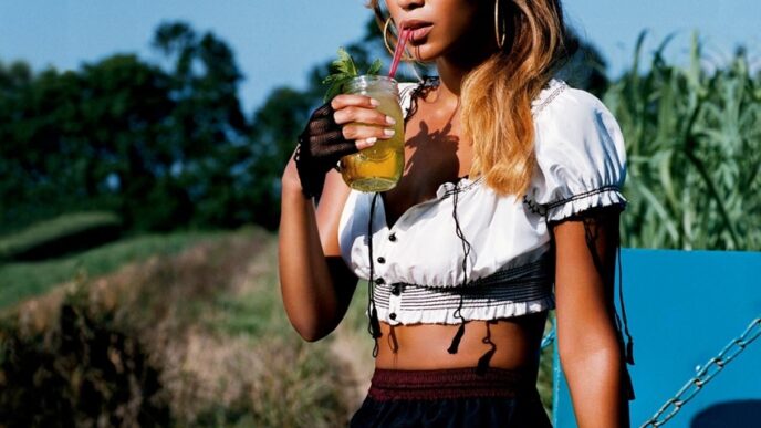 Young woman with blond highlights wearing a white cropped top and patterned shorts, sipping lemonade through a pink straw on a blue bench outdoors.