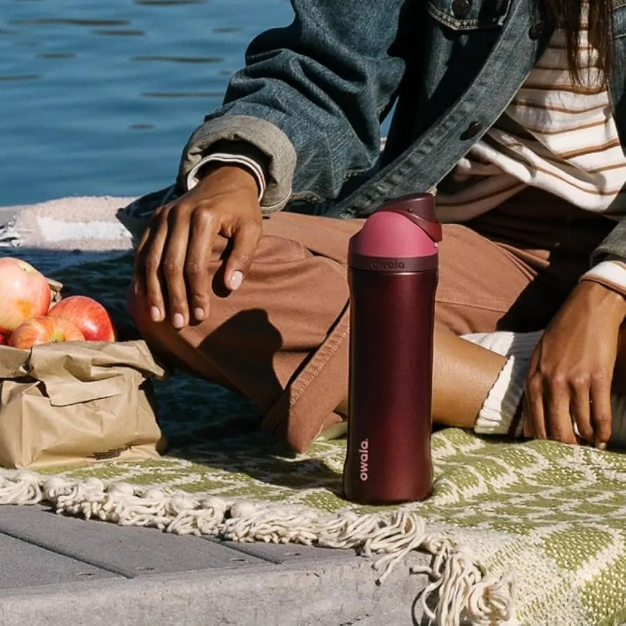 - Groovevolt Person sitting on a patterned blanket by the water with a burgundy stainless steel water bottle and a bag of apples nearby.